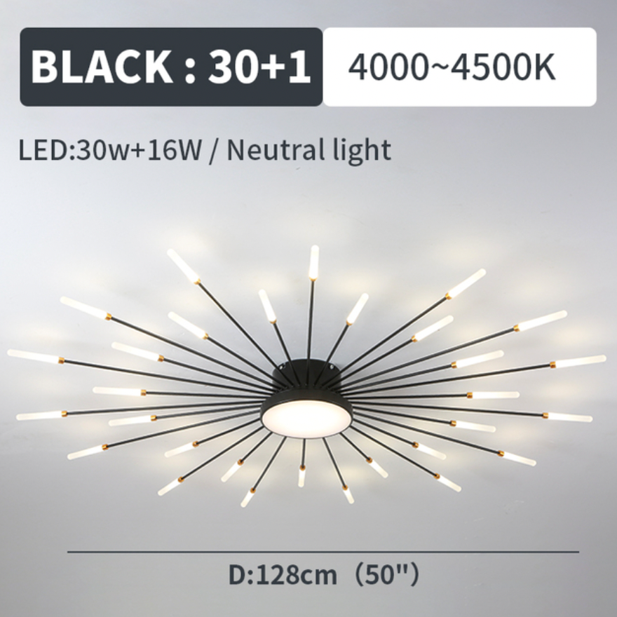 Black modern firework LED flush mount light, energy-efficient for indoor use.