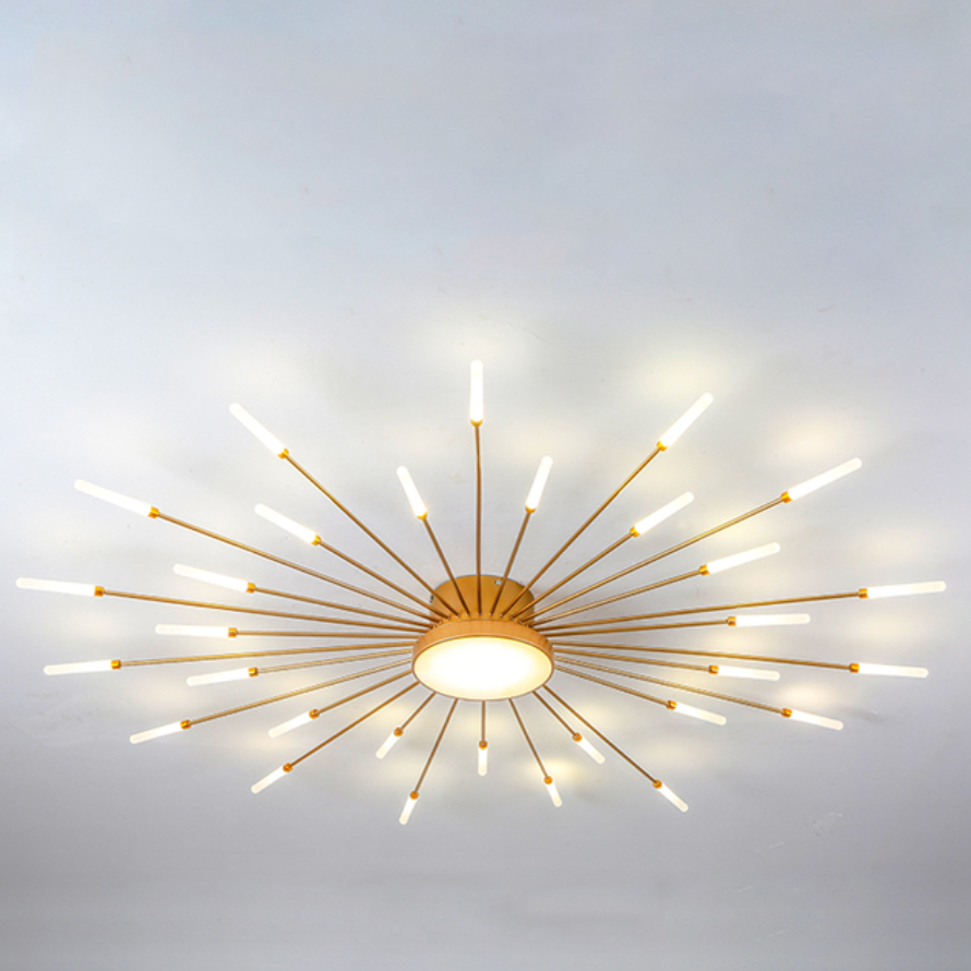 Close-up of gold firework LED ceiling light, unique modern flush mount design.
