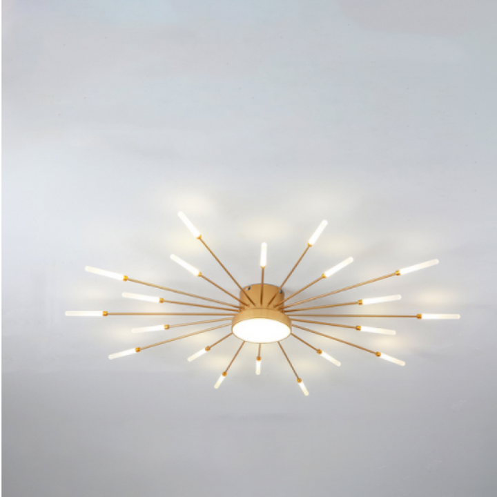 Stylish black LED firework ceiling light, flush mount, dimmable for living spaces.