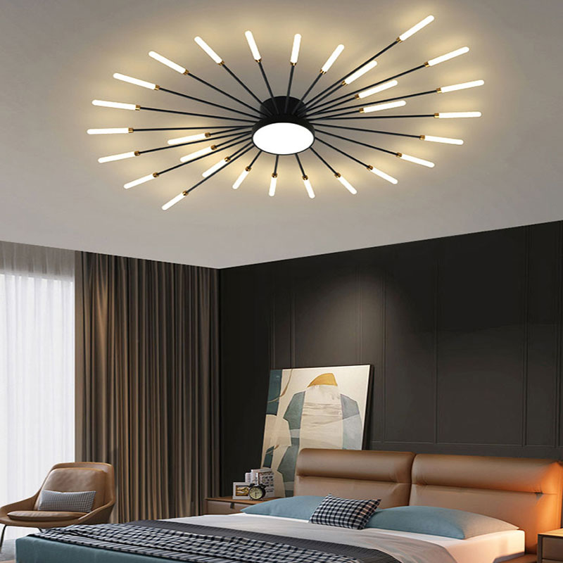 Flush mount gold LED ceiling light, firework design, modern and dimmable accent.