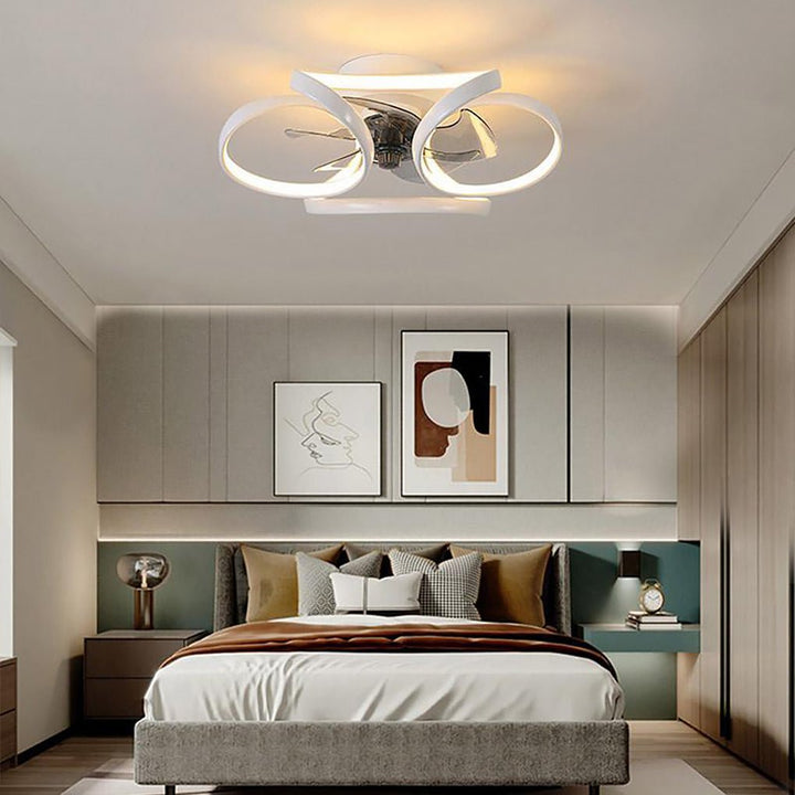 White flower LED ceiling fan with remote control, a stylish indoor lighting and cooling solution.