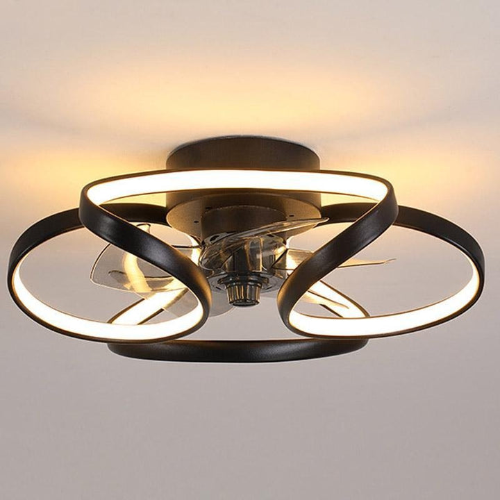Sleek modern flower fan with integrated LED light, remote operated for ultimate convenience.