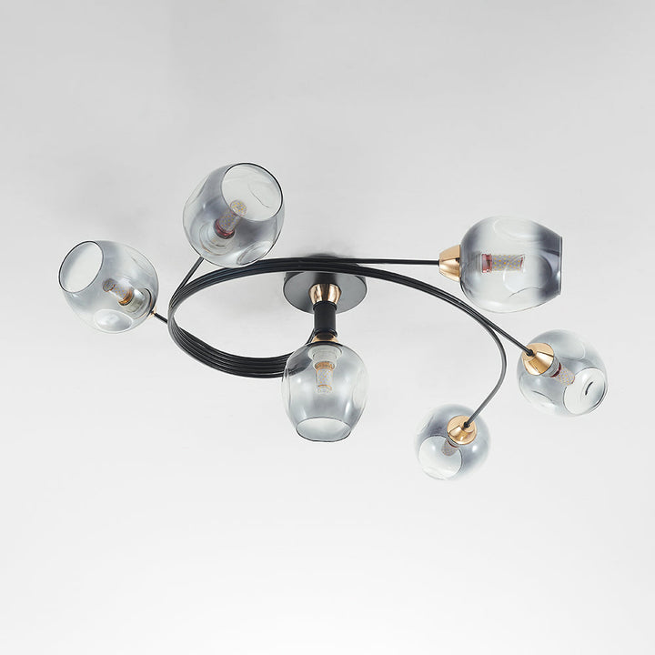 Modern flush mount light, ambient glow, suitable for dining room settings.