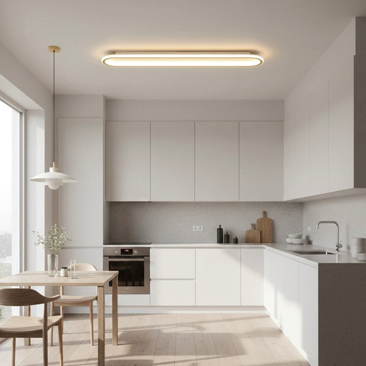 Bedroom geometric LED ceiling light fixture, modern dimmable design for a contemporary feel.