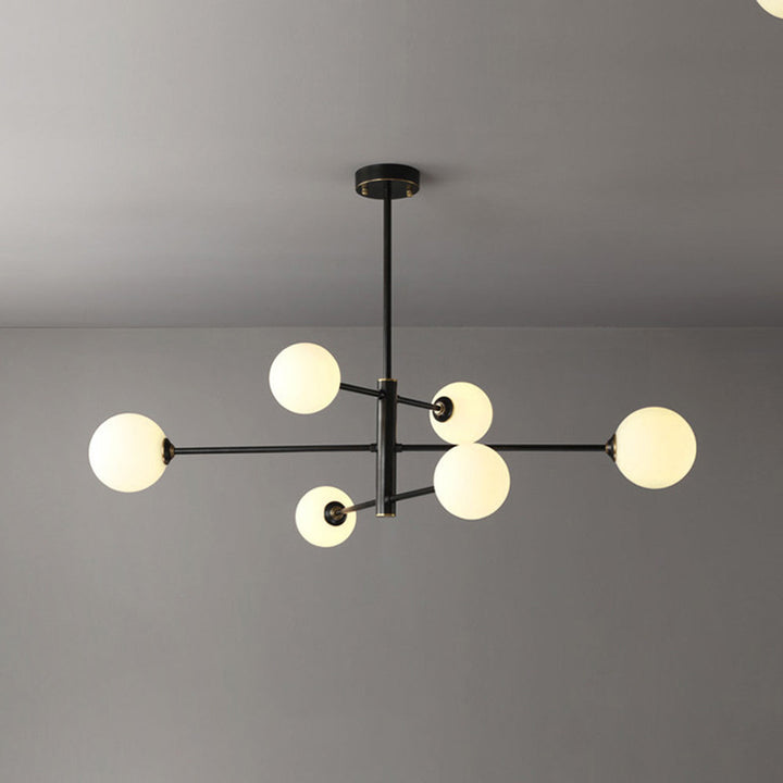 Black modern globe multi-light chandelier, sleek design for contemporary living & dining rooms.