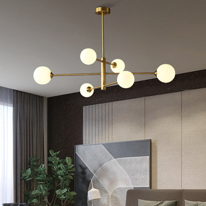 Black modern globe chandelier, multi-light ceiling fixture for elegant contemporary home lighting.