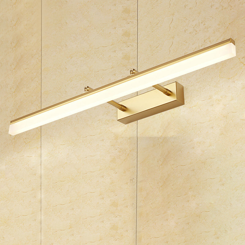 Modern gold LED wall sconce, rectangular design for bathroom vanity lighting. Sleek and energy-efficient.