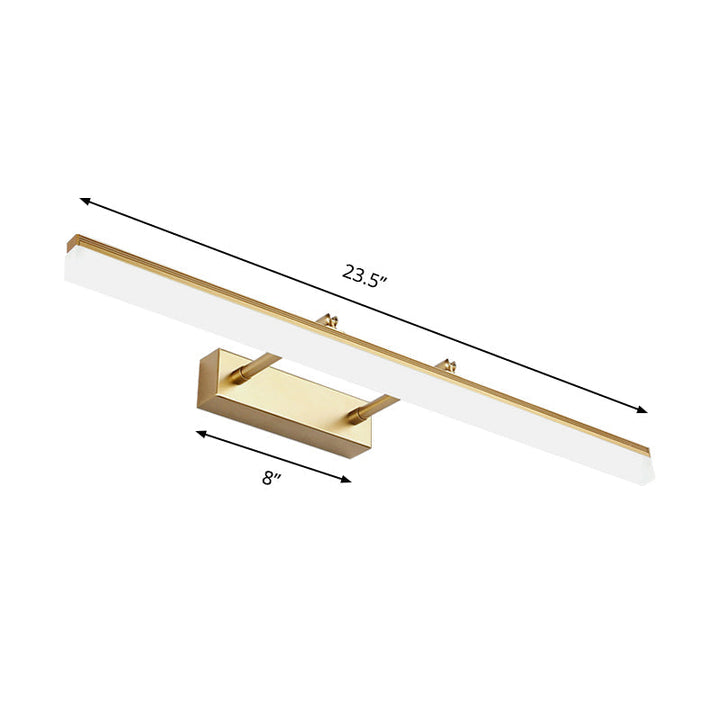 Contemporary gold LED vanity light. Rectangular wall sconce for modern bathroom decor.