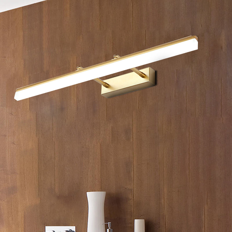 Minimalist gold LED wall sconce, rectangular, providing bright, energy-efficient bathroom vanity lighting.