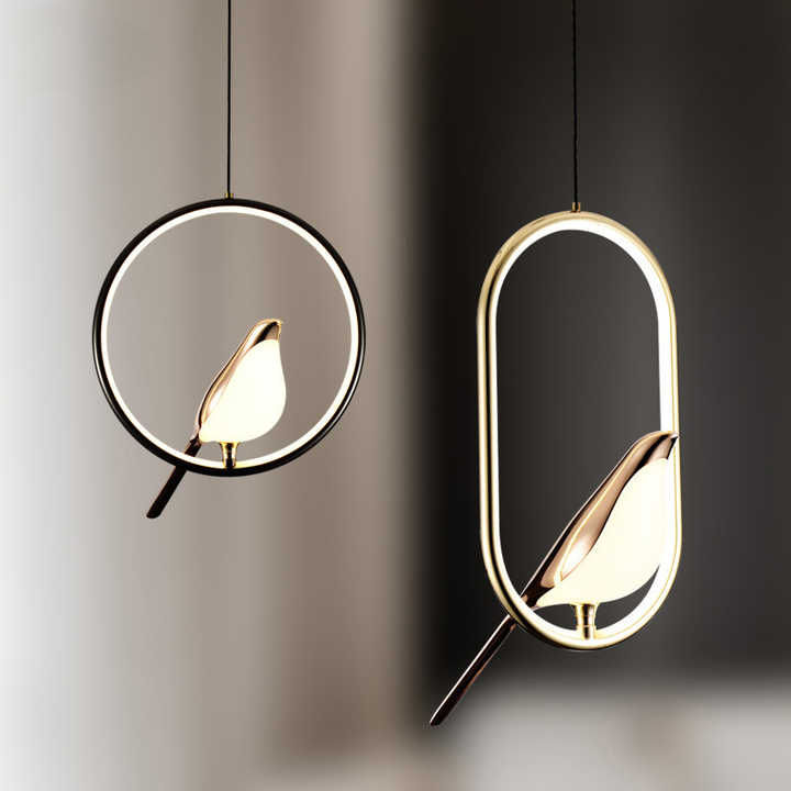 Modern golden bird LED pendant light, perfect for elegant home decor and luxury interior design.