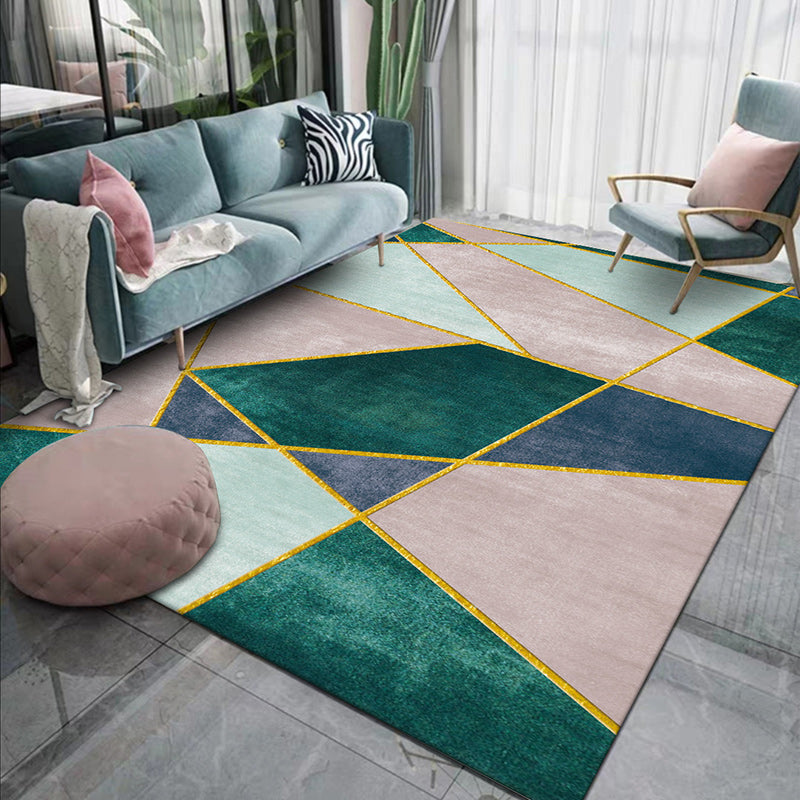 Modern green color block area rug for living room. Washable & non-slip floor covering, perfect for contemporary decor.