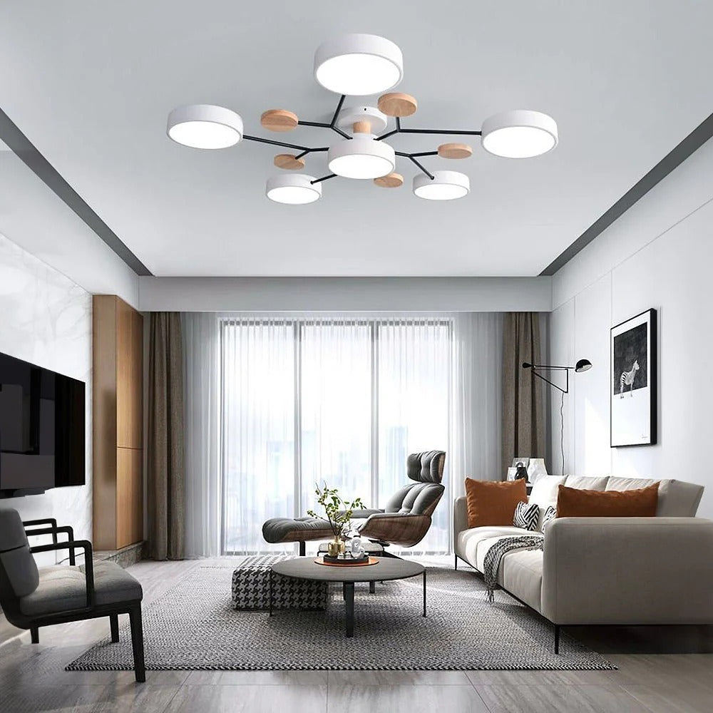 Stylish round LED semi-flush light, perfect for modern kitchen islands.