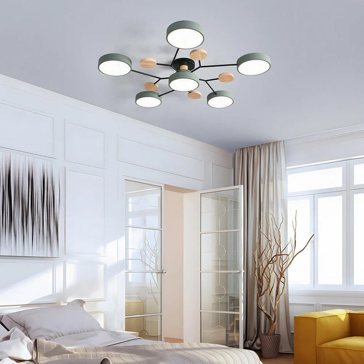 Sleek LED halo semi-flush ceiling fixture, ideal for contemporary bedroom decor.