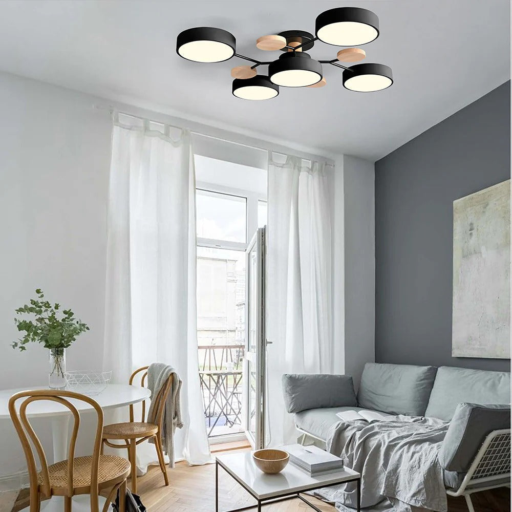 Modern round halo LED semi-flush ceiling lamp, great for open spaces.