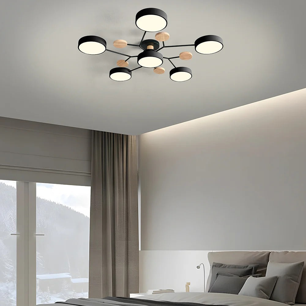 Stylish halo LED semi-flush fixture, ideal for modern bedroom decor.