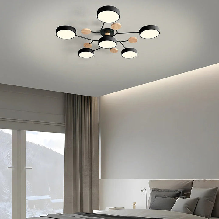 Stylish halo LED semi-flush fixture, ideal for modern bedroom decor.