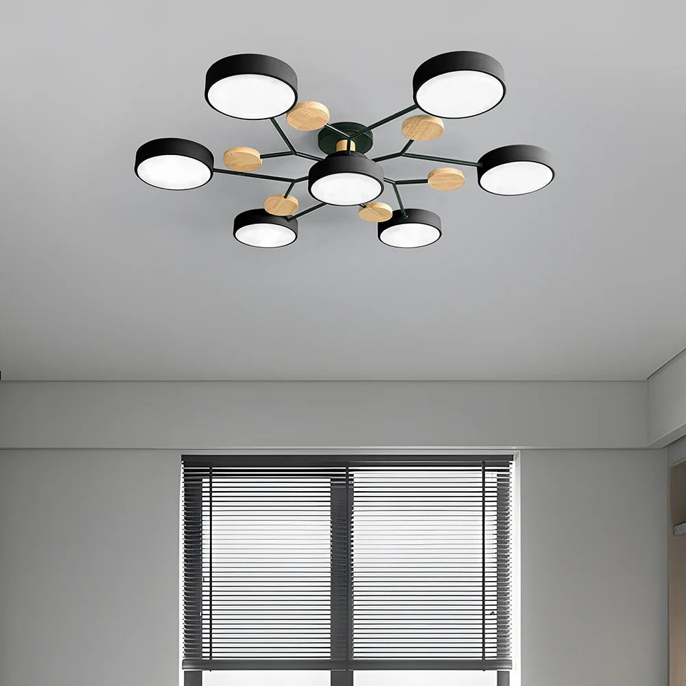 Bright semi-flush halo LED ceiling light for a modern workspace.