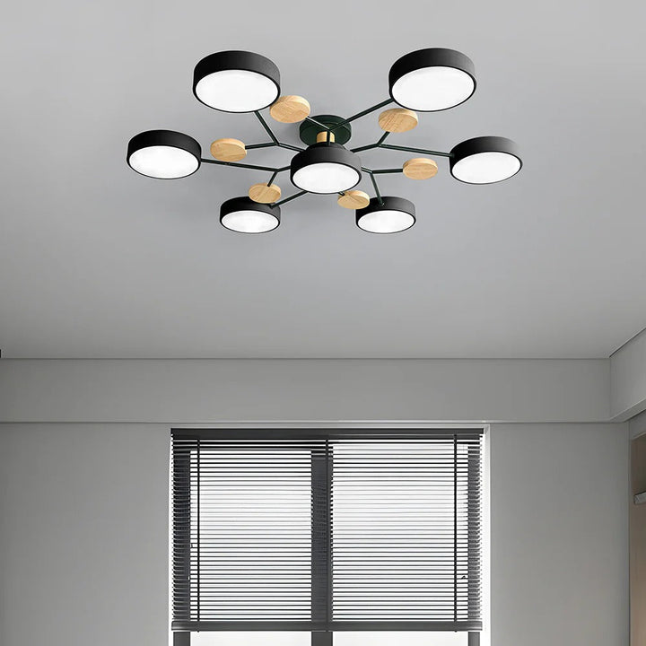Bright semi-flush halo LED ceiling light for a modern workspace.