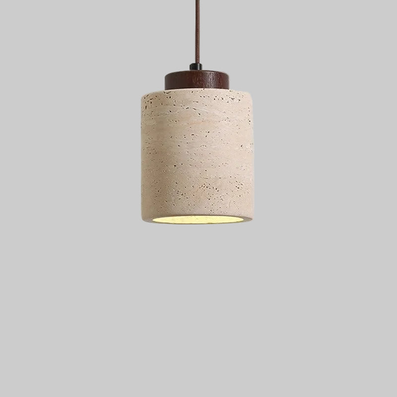 Modern indoor travertine pendant light with minimalist cord design.