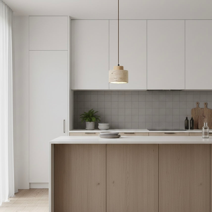 Elegant and simple: Modern indoor pendant light, natural travertine with clean lines.