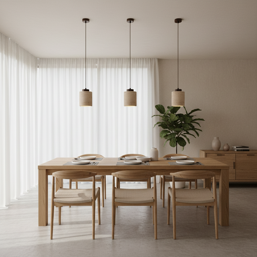 Minimalist cord design pendant lamp, features genuine natural travertine stone.