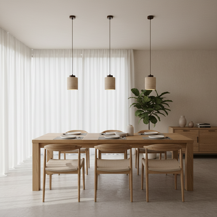 Minimalist cord design pendant lamp, features genuine natural travertine stone.