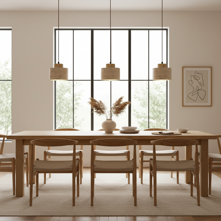 Modern indoor ceiling light, natural travertine stone & simple black cord pendant.