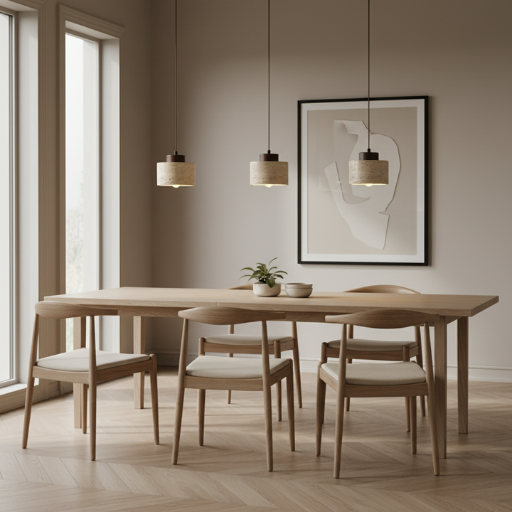 Beautiful modern Nordic pendant light with unique travertine stone shade.