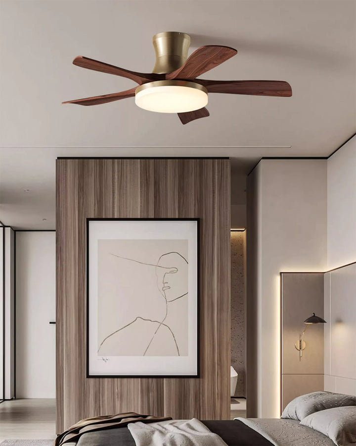 Elegant flush mount LED fan, modern design, perfect for home decor.