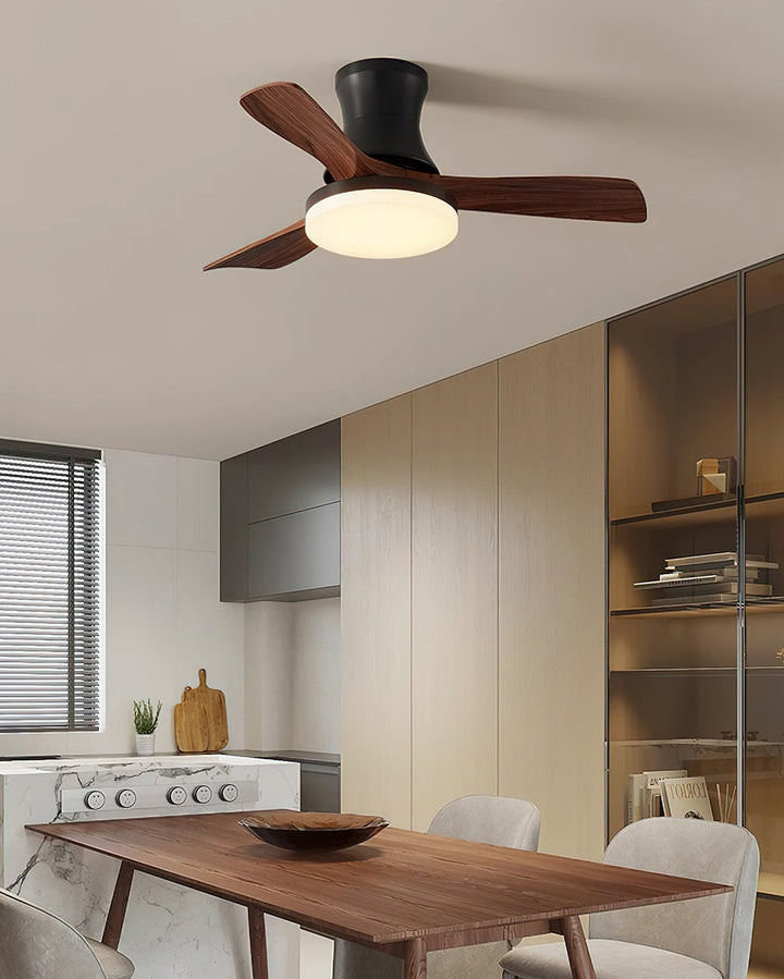 Bedroom lighting: Modern integrated LED ceiling fan with remote control.