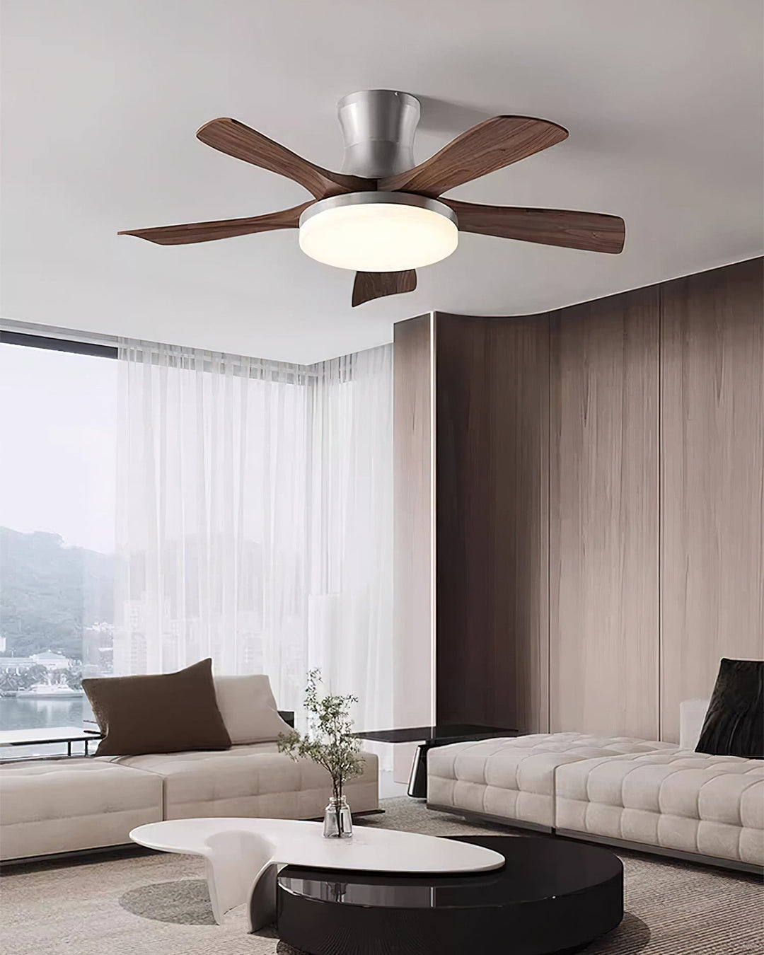 Sleek contemporary integrated fan light, flush mount, energy-efficient LED.