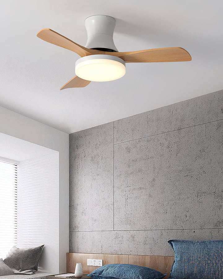 Modern flush mount fan light, integrated LED, remote control, sleek design.