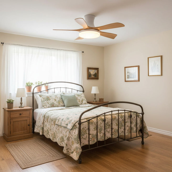 Contemporary flush mount LED fan light, 3-color dimmable, remote control.