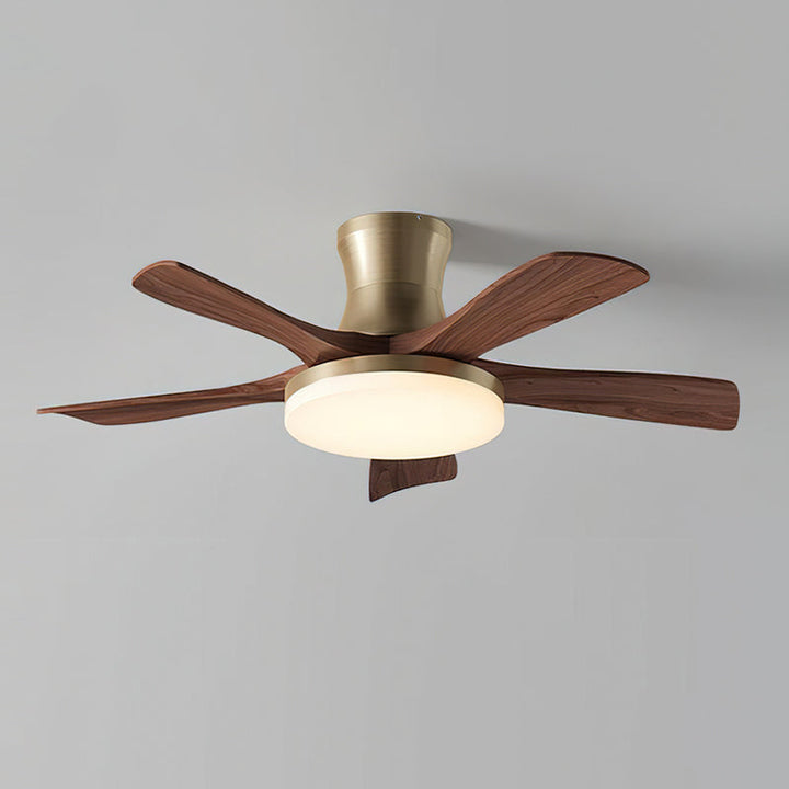 Integrated LED fan lamp, modern aesthetic, remote control for convenience.