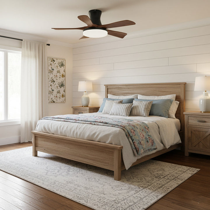 Sleek bedroom ceiling fan with integrated LED light, modern home decor.