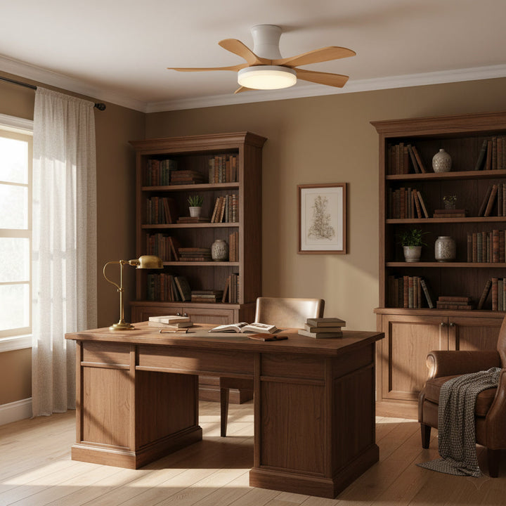 Integrated LED ceiling fan light, flush mount, contemporary style.