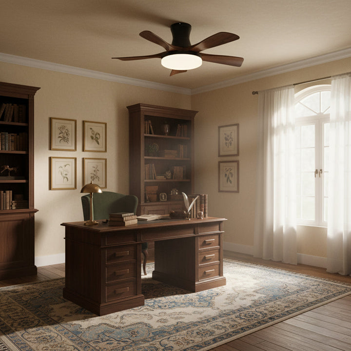 Stylish integrated LED fan light, 3-color changing, modern home accent.
