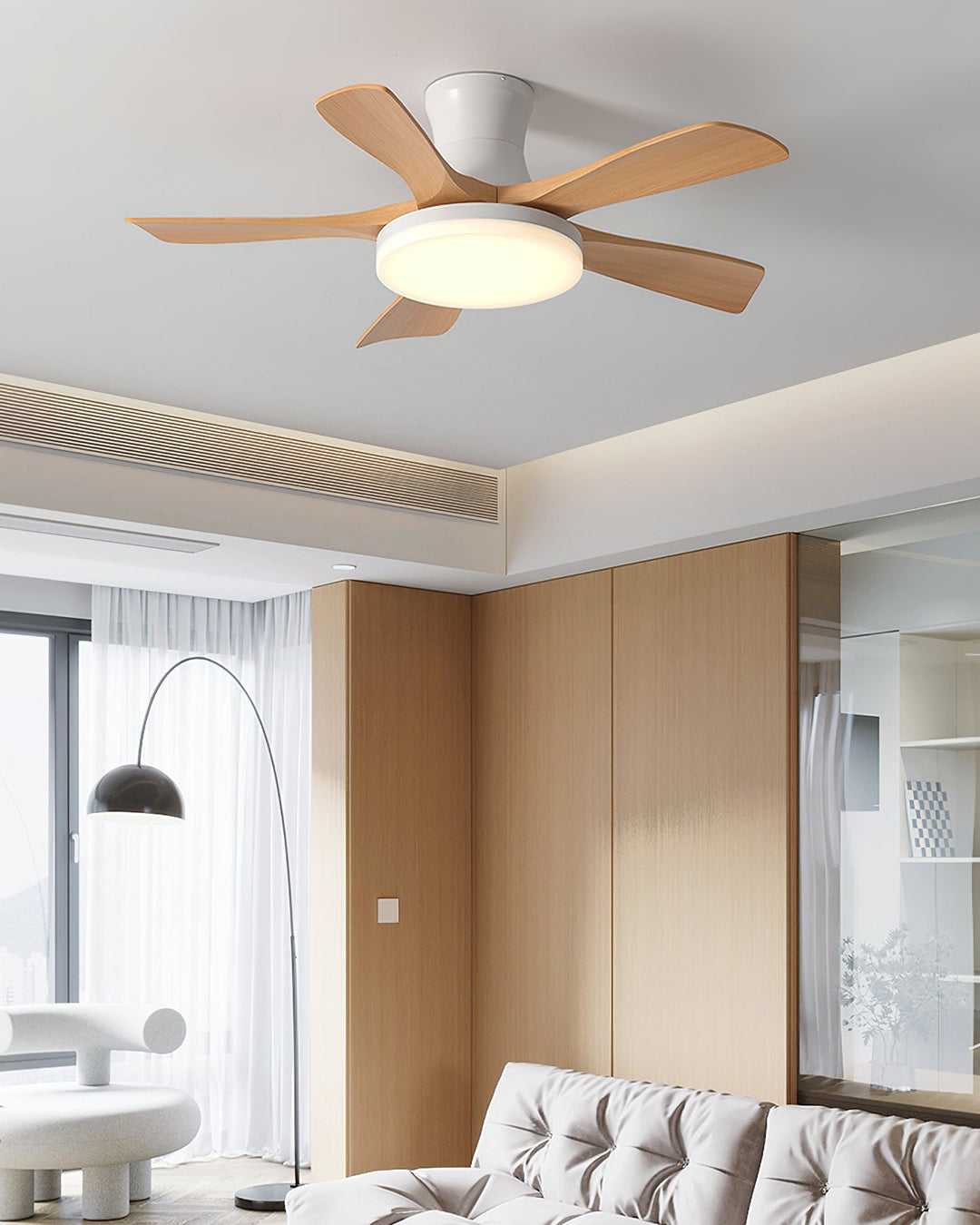 Modern ceiling fan light with remote, integrated LED for various rooms.