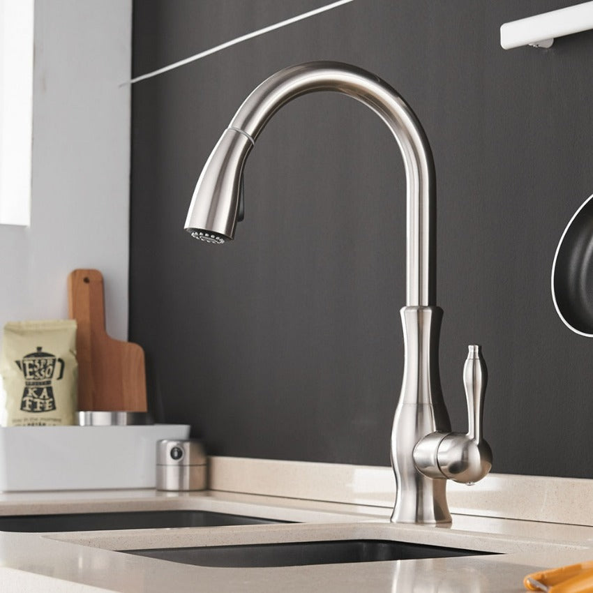 Modern kitchen faucet with a convenient pull-out spout, perfect for versatile sink tasks.