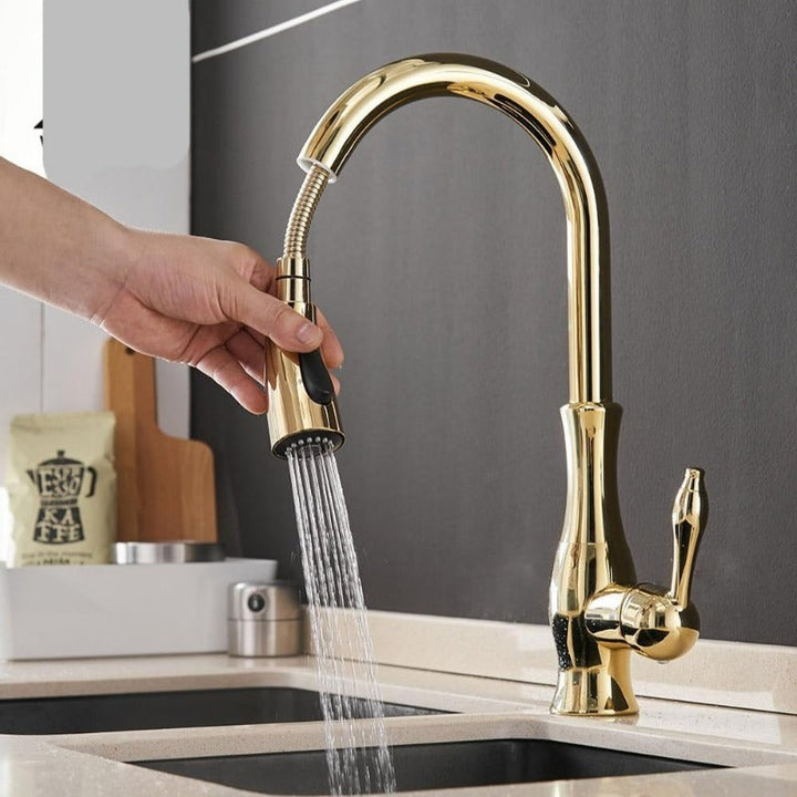 Shiny chrome kitchen sink mixer with pull-out sprayer, offering a versatile and modern look for your home.