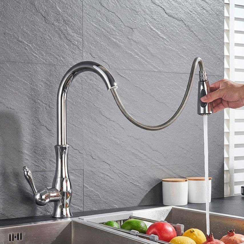 Contemporary kitchen faucet with an extendable pull-out spray, enhancing functionality & modern kitchen style.