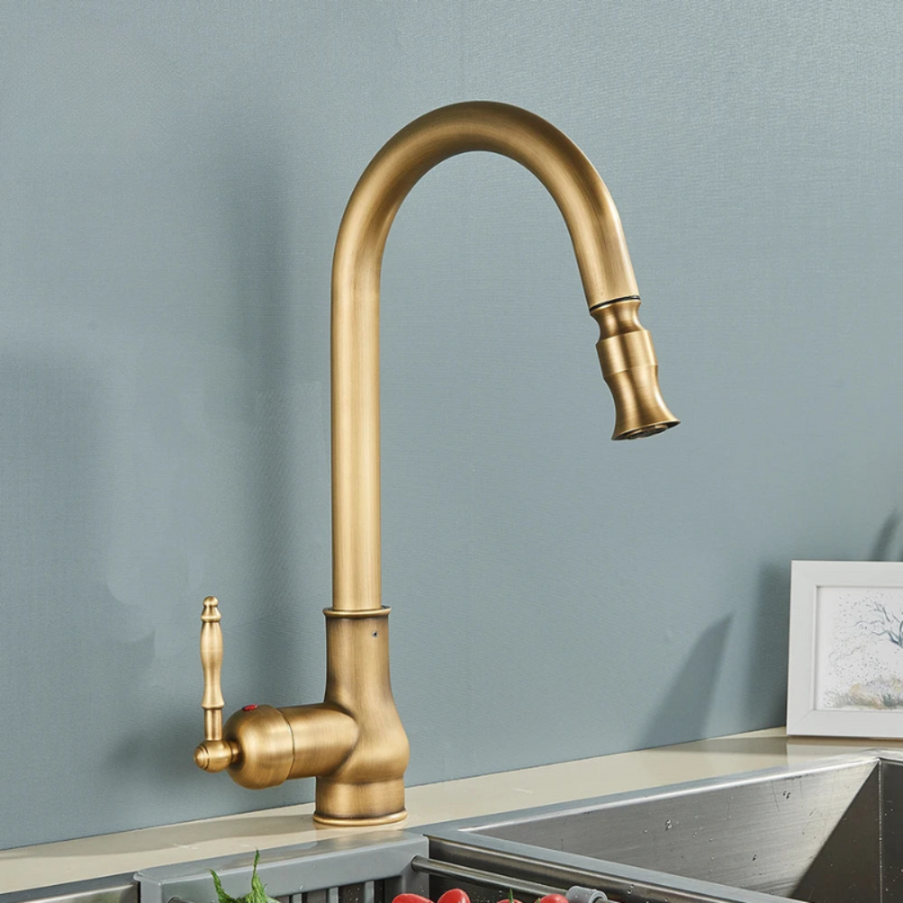 Modern kitchen faucet with pull-out sprayer, 360° swivel spout, available in antique brass or matte black.