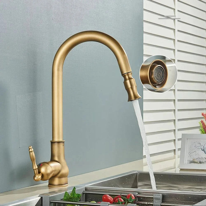 Vintage style kitchen sink faucet, antique brass finish, with pull-out sprayer for a modern home upgrade.