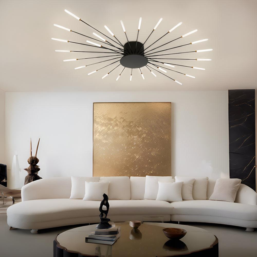 Modern LED ceiling light fixture with swirling firework design, black and golden finish, for home decor.