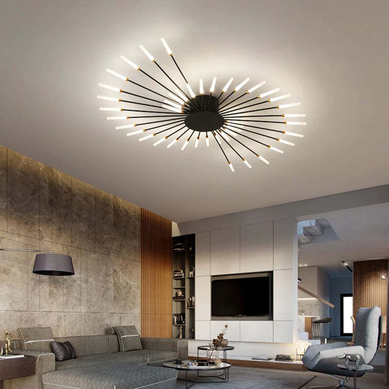 Modern LED fireworks ceiling chandelier in gold, elegant living room lighting.