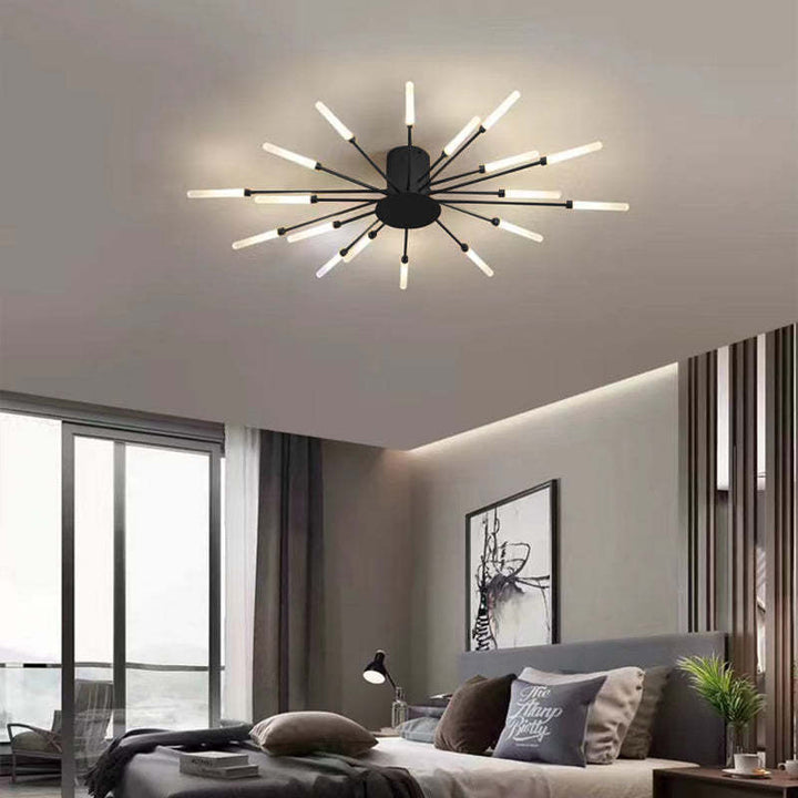 Dimmable gold LED fireworks chandelier, modern lighting for elegant home interiors.
