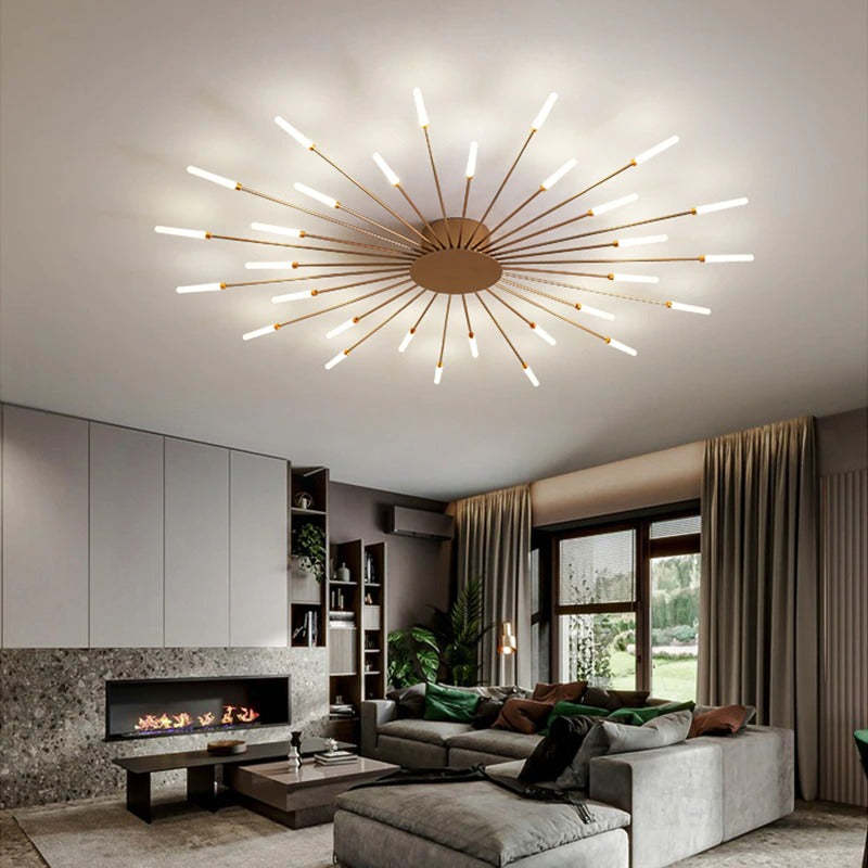 Gold LED fireworks ceiling lamp, dimmable feature, stylish home decor lighting.