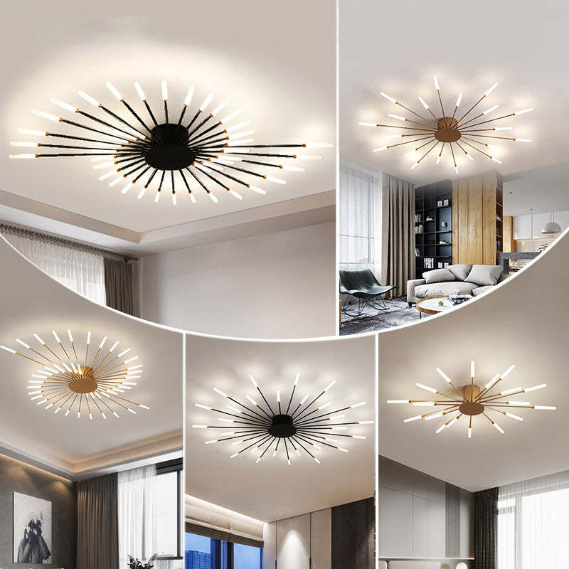 Modern LED ceiling light with gold spiral design, brightens living room or dining area.