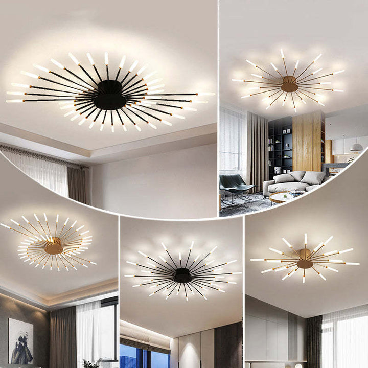 Modern LED ceiling light with gold spiral design, brightens living room or dining area.