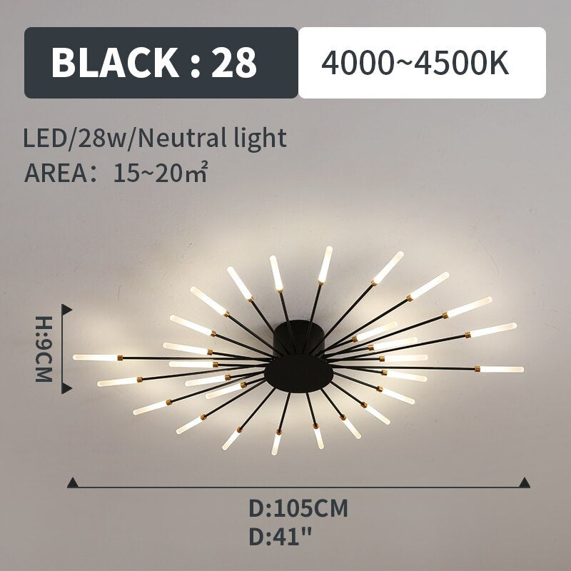 Stylish LED bedroom light, black spiral design, dimmable flush mount fixture.